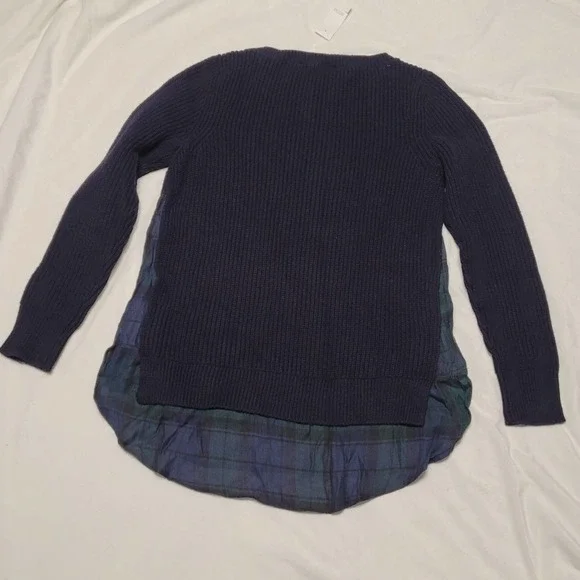 NWT Ann Taylor LOFT 2 in 1 Sweater Navy blue plaid shirt tail inset size Small - Picture 3 of 4